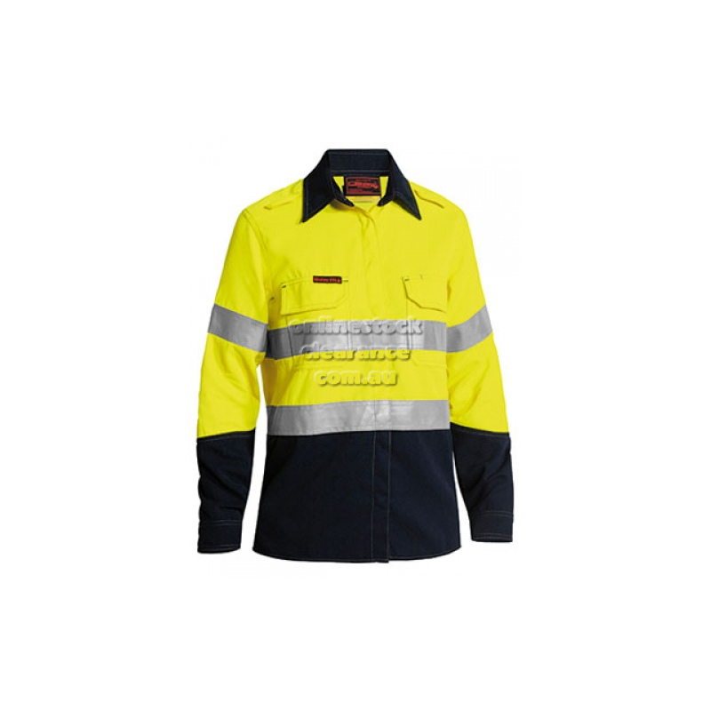 BISLEY SHIRTS FR RATED WOMENS HI VIS VENTED YELLOW/NAVY