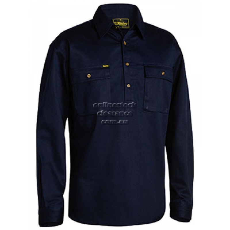 BISLEY SHIRTS FRONT COTTON DRILL SHIRT NAVY