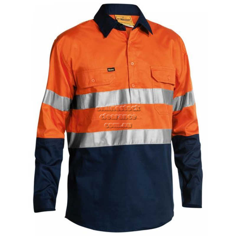 BISLEY SHIRTS HI VIS COOL CLOSED FRONT ORANGE/NAVY